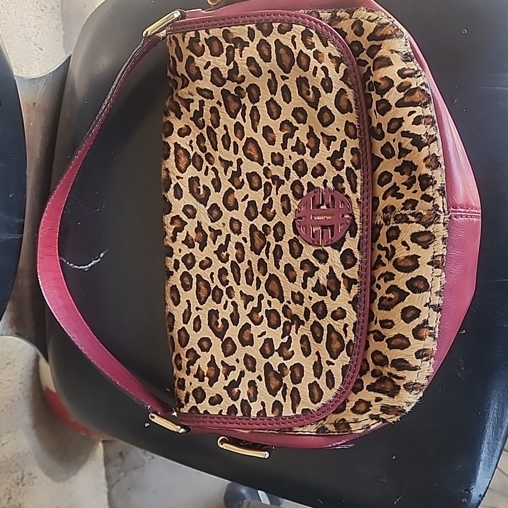 Antonio Melani Red Leather Gold Hardware Leopard Faux Fur Purse Used